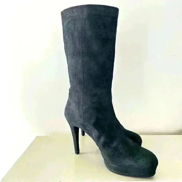 VERO CUIOIO BLACK LEATHER  FUR HEELS OVAL TOE PLATFORM BOOTS SIZE 38 - Picture 6 of 16